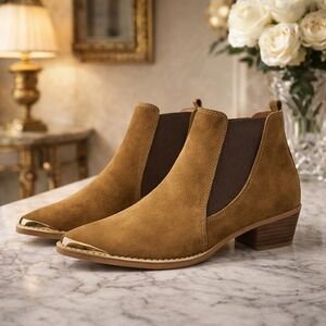 Mos Mosh Suede Chelsea Booties Gold Toe Cap Made in Portugal EU 38 Camel